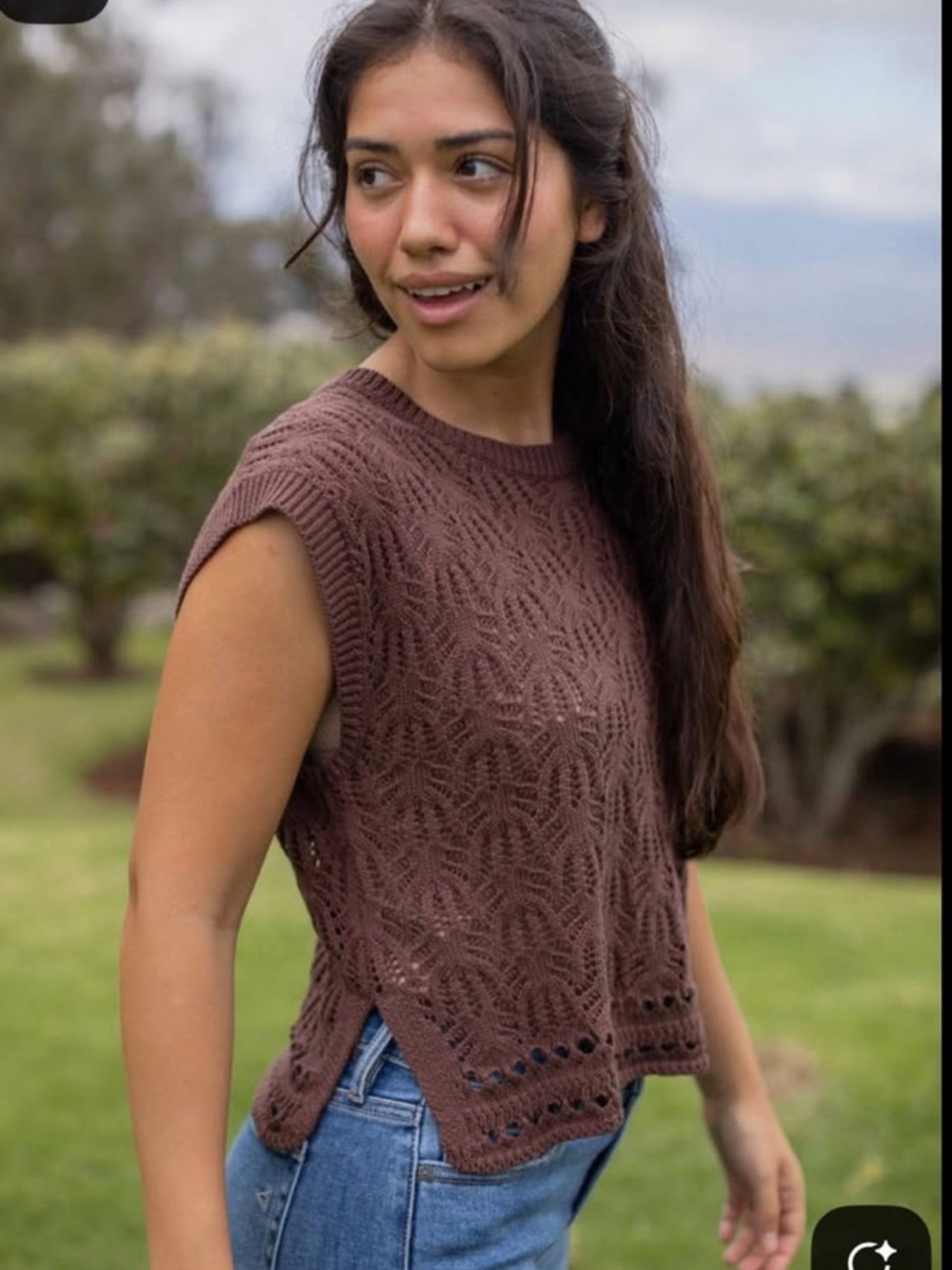 Crochet Knit Sleeveless Top in Deep Brown